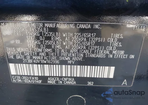 2011 Toyota Rav4 из США, поврежденный, VIN 2T3BF4DV1BW162996